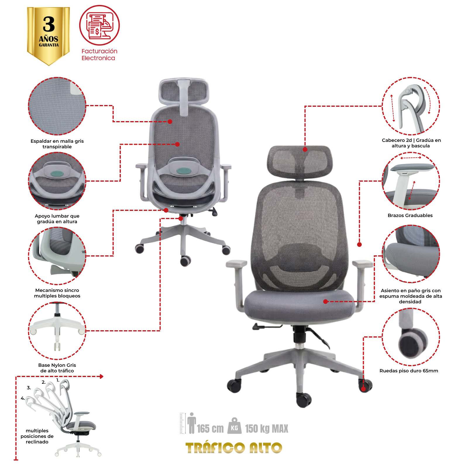 SILLA DE OFICINA MACEO PRESIDENTE PREMIUM | GRIS - Imagen 6
